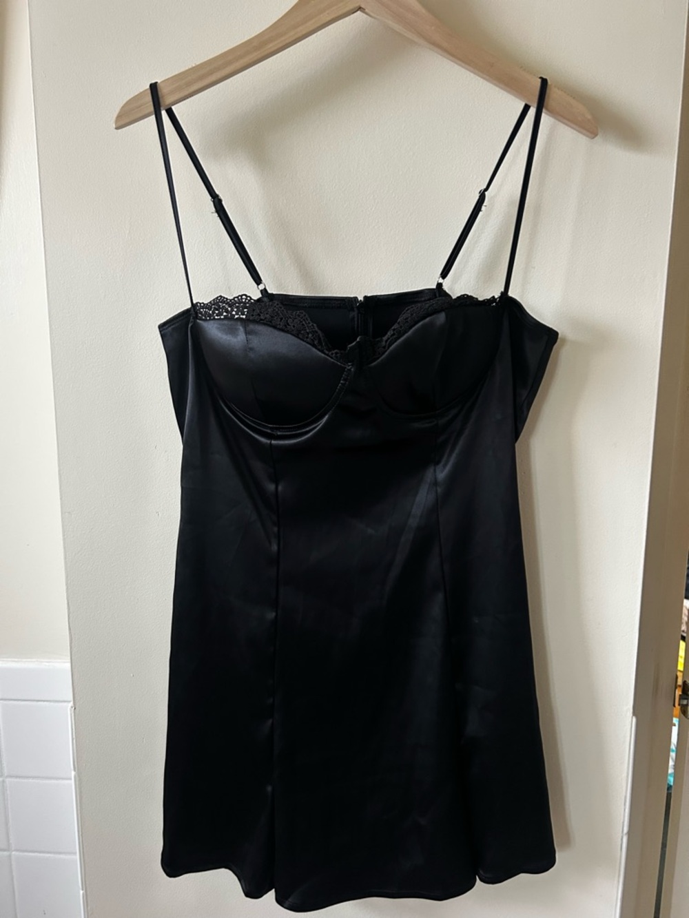 Black Satin Slip Dress with Lace Trim